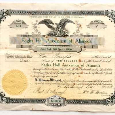 Certificate 1 share Stock Eagles Hall Association, 1918