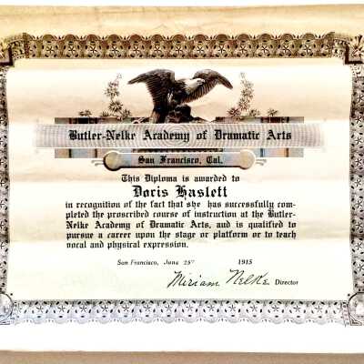 Dramatic Arts Diploma awarded Doris Haslett from Butler-Nelke Academy, 1915