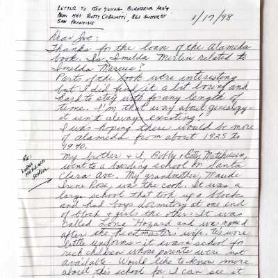 Letter about Lona Hazard school, 1998