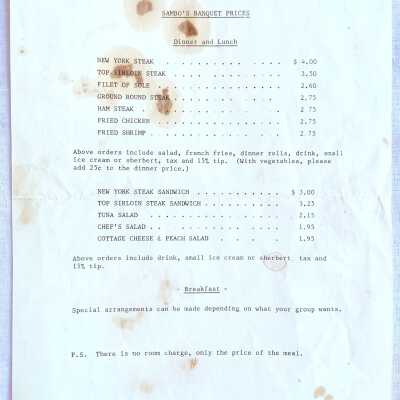 Banquet price list from Sambo's Restaurant, c. 1968