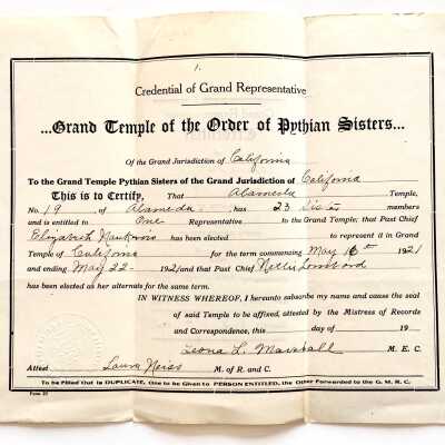 Credential of Pythian Sisters, 1921