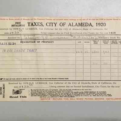Receipt for City Taxes paid by J. Schaeffer, Oak Shade Tract, 1920