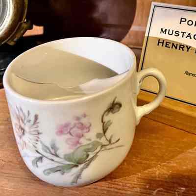 White porcelain mustache cup with flowers and leaves, c. 1890s