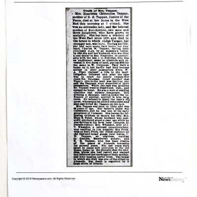Photocopy of article about death of Mrs. H. Tappan, 1888