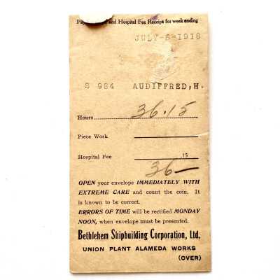 Bethlehem Shipbuilding Co. Pay Envelope for A. Auddifred, 1918