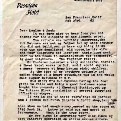 Letter to Mrs. Putzman of 1910-1916 Encinal Ave, 1962