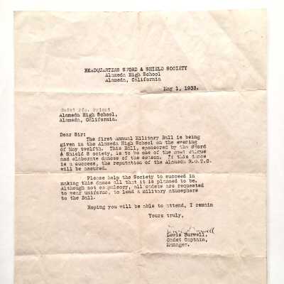 Notice to Cadet Priest about an ROTC dance at Alameda High School, 1933