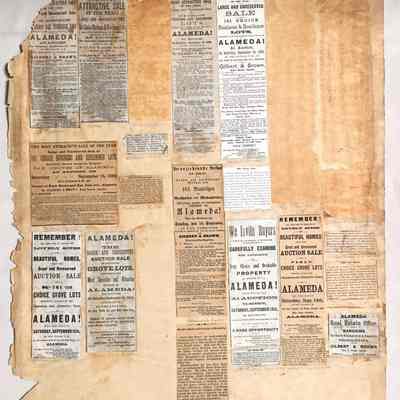 Scrapbook page with clippings about sales of property, c. 1880