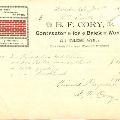 Receipt for services by B. F. Cory, Brick Contractor, 1894