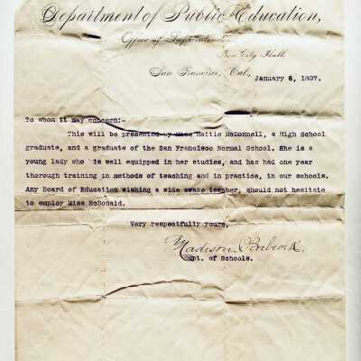 Letter of Introduction of Hattie McDonell to Alameda School Department, 1897