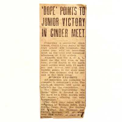 Clipping 'Dope' about Alameda High School Track meets, c. 1930