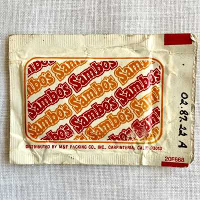 Moist towelette packages from Sambo's Restaurant, c. early 1970s