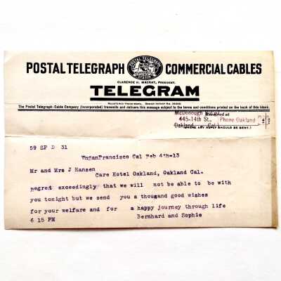 Telegram sent to Mr & Mrs. J. Hanson upon their marriage, 1913