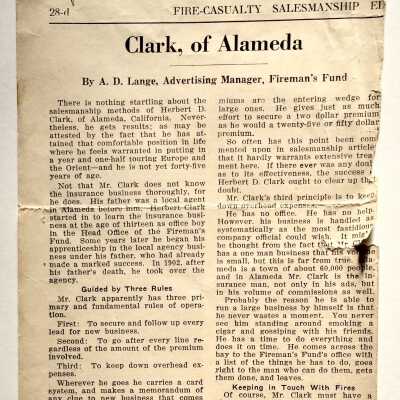 Magazine Clipping regarding Herbert D. Clark and Fireman's Fund Insurance Co., 1923