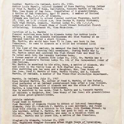 Obituary notice mentioning Martin and Seigler family members, prior 2003