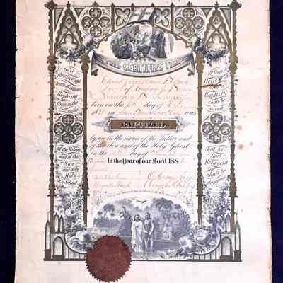 Baptismal certificate of Edward Jacob Hans Fisher, 1882