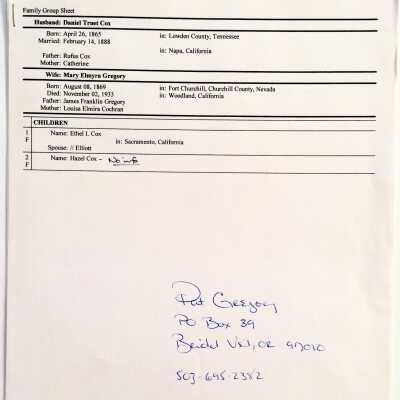 Biographical 'Family Group Sheet' about the Daniel Truet Cox family, c. 2000