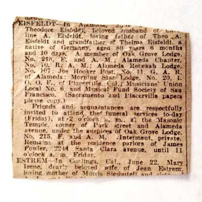 Clipping of Obituary Notice of Theodore Eisfeldt, 1923