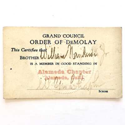 Membership card William Nankervis, Masons, Order of De Molay, 1921