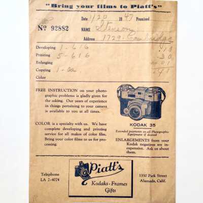 Photo envelope from Piatt's 'KODAKS, FRAMES, AND GIFTS', 1947