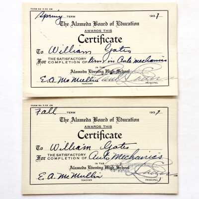 Evening High School Auto Mechanics Class Certificates, 1937