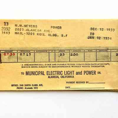 Municipal Electric Light Plant Bills for 2021 Alameda Ave, 1933-1934