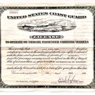 License to navigate passenger vessels of Gustaf Ekberg, issued by U.S. Coast Guard, 1969