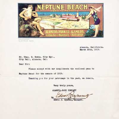 Typed letter with free pass to Neptune Beach, 1919