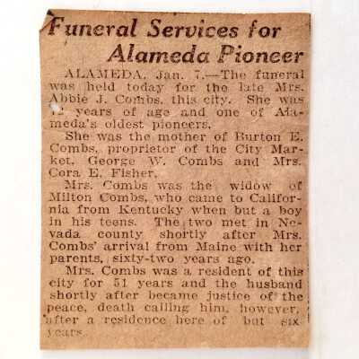 Clipping 'Funeral Services for Alameda Pioneer', about Mrs. Abbie J. Combs, c. 1917