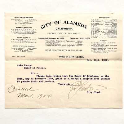 Peddlers Permit for S. Joseph, 1900