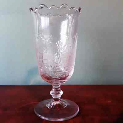 Three-seam clear glass spoonholder or celery vase with stylized flowers and stipples, c. 1890