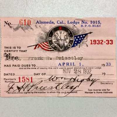 Receipt for dues paid for Lodge No. 1015, Elks, for Frank Priestley, 1932-1933