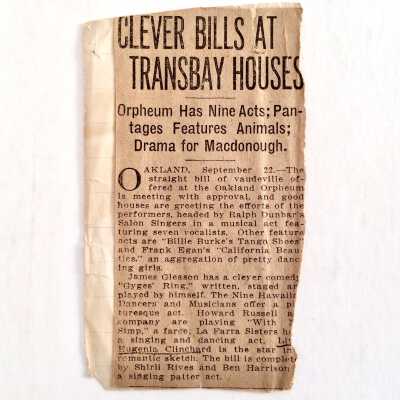 Clipping 'Clever Bills at Transbay Houses' about Eugenia Clinchard, c. early 1900s