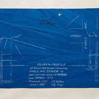 Blueprint drawing of plan and profile of Eagle Avenue sewer at Arbor and Paru, 1915