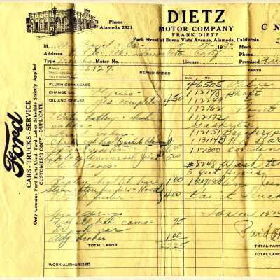 Receipt from the Dietz Motor Company, 1934