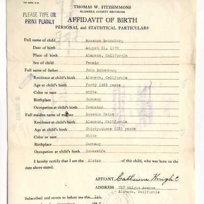 Affidavit of Birth for Susanna Schomborg, 1943