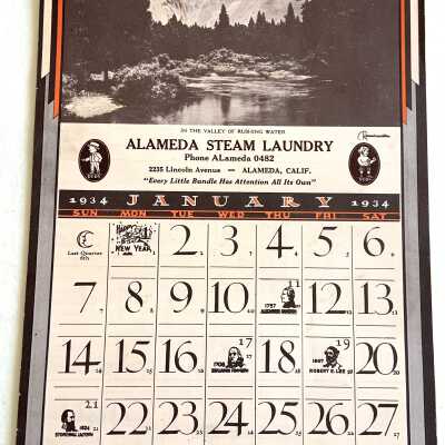 Wall calendar advertising Alameda Steam Launry, 1934