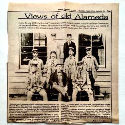 Clipping of 'Views of old Alameda' with photo of Postmen, 1985