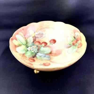 Klingenberg Limoges footed bowl handpainted with strawberry & leaf motif, c. 1910-1915