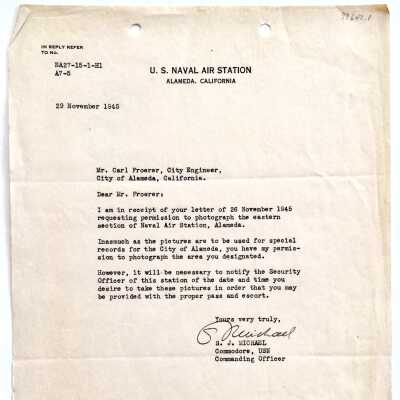 Letter from US NAS, Alameda, authorizing photos, 1945