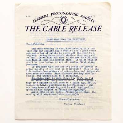 Edition of 'The Cable Release' newsletter of the Alameda Photographic Society, c. 1946