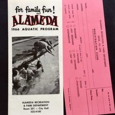 Flyer 'Alameda' with swimming hours at City pools, 1966