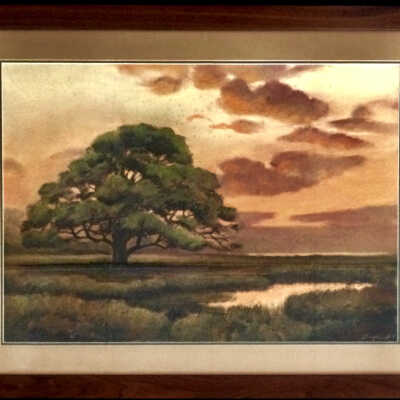 Pastel painting of an Oak tree and sunset near San Mateo, by Siegfried