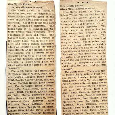 Clippings 'Miss Myrtle Fisher Given Miscellaneous Shower', c. 1917