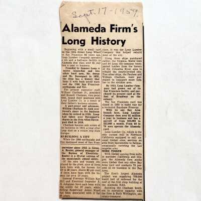 Clipping about Loop Lumber Company 'Alameda Firm's Long History', 1959