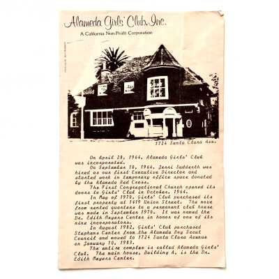 Flyer about history of Greanleaf House, by the Alameda Girls club, 1983