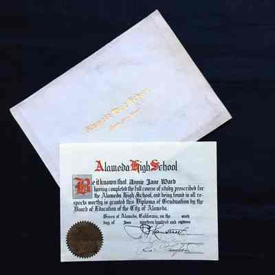 Alameda High School Diploma and coverlet of Annie J. Ward, 1918