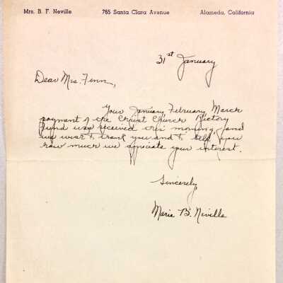Note thanking Mrs. Fenn for donations to Christ Episcopal Church, c. 1940s