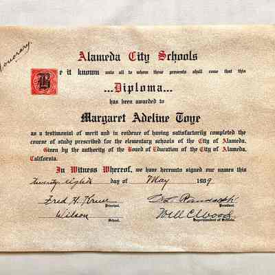 Honorary School Diploma awarded Margaret Toye, 1909
