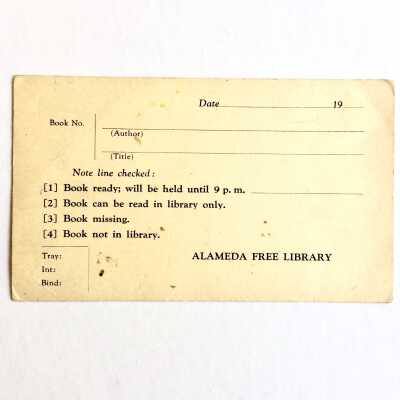 Postal card of the Alameda Free Library about books to be lent, c. 1950s